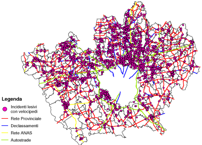 Mappa degli incidenti lesivi alle biciclette (periodo 2003-2005)
